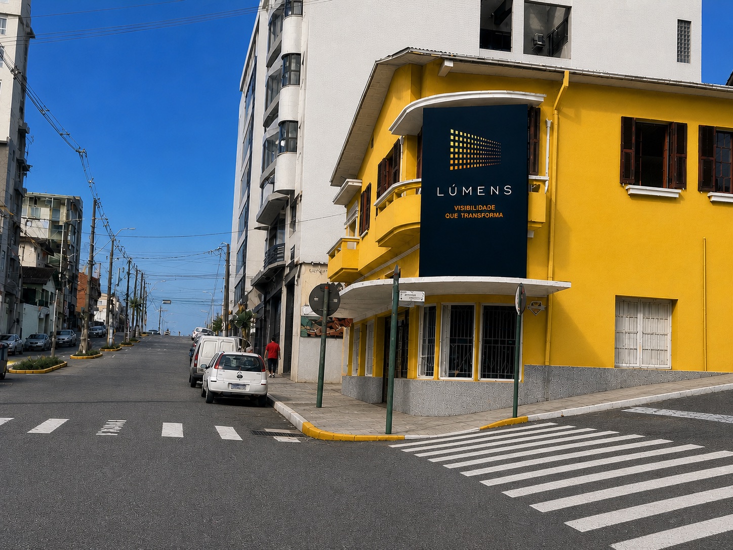Vista ilustrativa da implantação do painel LÚMENS no cenário urbano